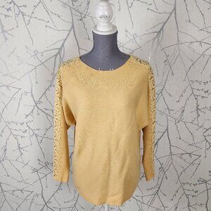 Liv Milano Yellow Knit Lace Stripe Dolman Sleeve Round Neck Top